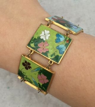 Vintage Robert Kuo Cloisonné Green And Blue With Flowers Enamel Bracelet