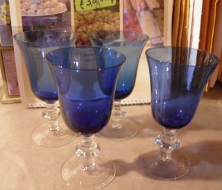 4 Vintage Cobalt Blue & Clear Wine Stemware Glasses