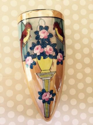 Vintage Lusterware Wall Pocket Vase Flower Bird Design Hand Painted Japan - Large