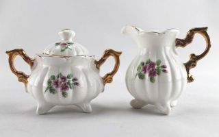 Vintage Very Small Porcelain Creamer & Lidded Sugar Bowl,  White W/purple Flowers