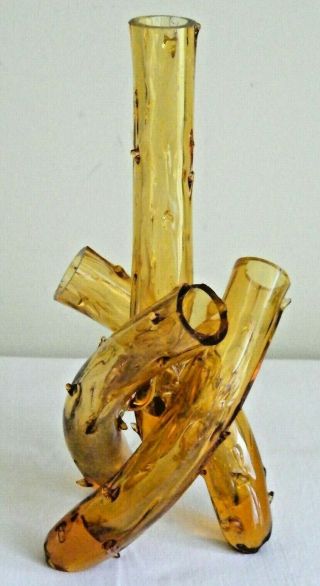 Vintage Mid Century Modern Handmade Art Glass Thorn Bud Vase Amber