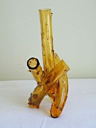 Vintage Mid Century Modern Handmade Art Glass Thorn Bud Vase Amber 2