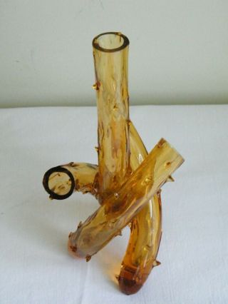 Vintage Mid Century Modern Handmade Art Glass Thorn Bud Vase Amber 3