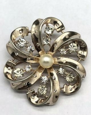 Vintage Trifari Sterling Silver Clear Rhinestone Pearl Floral Ribbon Brooch Pin