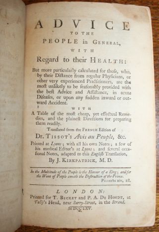 1765 Advice to the People with Regard to their Health TISSOT 1st English Edition 5