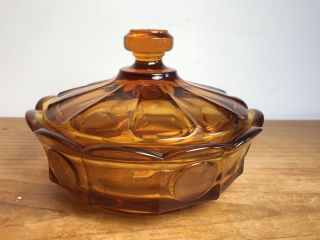 Fostoria Candy Dish Amber Coin Glass Covered Compote Liberty Bell Eagle Vintage
