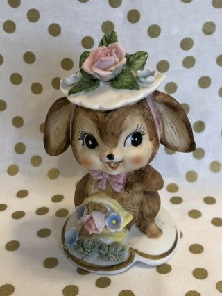 Adorable Vintage Bunny Rabbit Figurine 3 1/2” Easter Bonnet And Flower Basket