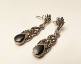 Vintage Black Onyx Marcasite Elegant Dangle Earrings Sterling Silver 925