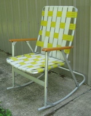 1 Vintage Aluminum Rocking Lawn Chair,  With Webbing Yellow,  White