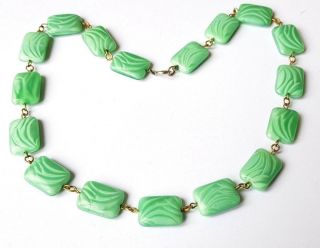 Vintage Art Deco Czech Green Satin Glass Bead Necklace