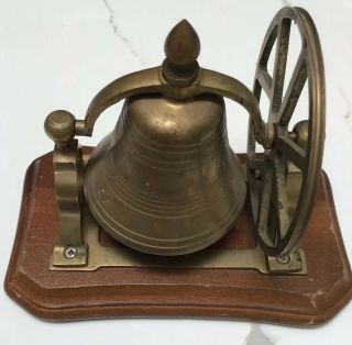 Vintage Brass Bell Mounted On Wood Stand - Wheel For Ringing