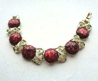 Vintage Signed Coro Red Confetti Moonstones Rhinestone Gold Tone Link Bracelet