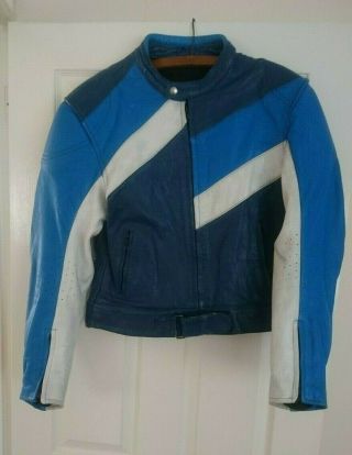 Leather Motorcycle Cafe Racer Retro Vintage Jacket Blue/white Size 40