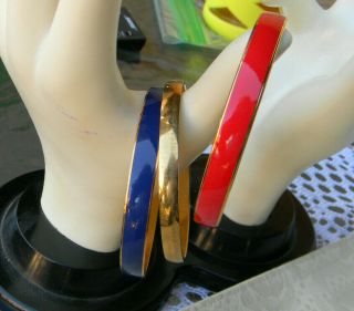 Vintage Signed Crown Trifari Enamel Bracelet Set Of 3 Red Blue & Gold Colors