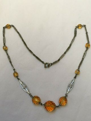 Vintage Art Deco 1920s 1930s Amber Crystal Glass Bead & Silver Tone Flower Chain