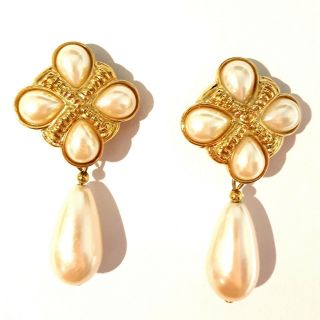 Vintage Dangle Gold Tone Faux Pearl Clip On Earrings