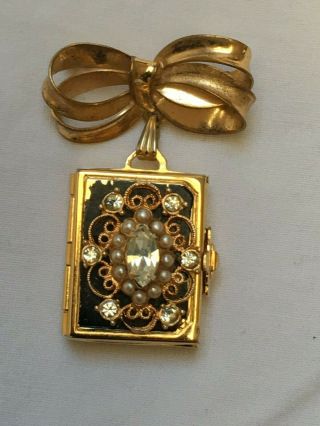 Vintage 1950s To 1960s Signed Jewelcraft Gold Tone Bow Brooch Locket 4 Pictures