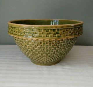 Vintage Green Yellow Ware Mccoy 10 " Mixing Bowl Checkerboard Honeycomb Pattern