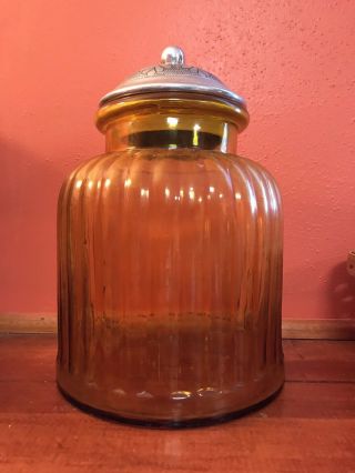 Vintage Amber Ribbed Glass Cookie Jar W/ Silver Like Floral Embossed Seal Lid