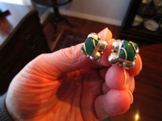 Vintage Mexico 925 Sterling Silver Earrrings With Green Onx Carved Stones C1950