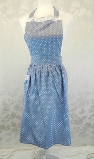 Vintage Full Apron Blue Diamonds White Crochet Lace Trim Pocket Hand Made