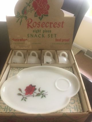 Vintage Federal Glass Rosecrest 8 Pc Luncheon Snack Plate/tea Set Red Rose Usa