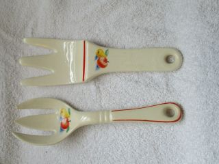 Vtg Mid Century Harker Pottery Salad Fork And Spoon Apple And Pear Design