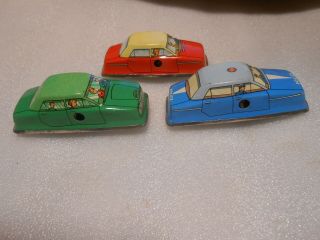 3 Vintage Technofix ? Tin Wind Up Cars 3 3/8 " Blue Red Green
