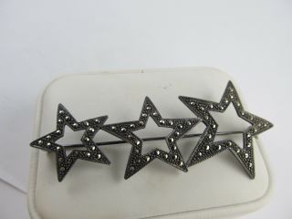 3 Star Marcasites Sterling Silver Vintage Pin 3 1/8” Wide Xlnt Cond