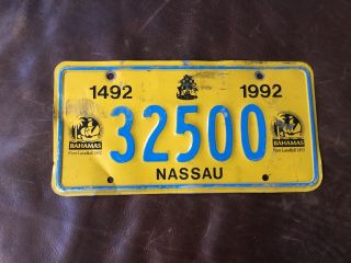 1992 Nassau Bahamas License Plate.  Vintage Columbus Landfall Caribbean Tag