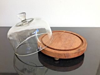 Vintage Cheese Glass Bell / Cheese Cover / Glass Dome,  Wooden Base,  8 "
