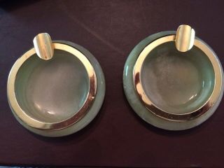 Set of 2 Vintage Art Deco Jade and Brass Ashtray,  Small 6 inch diameter 2