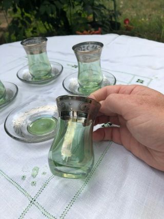 Turkish Vintage Tea Set Of 4 Cup Saucer,  Green Circus Glass,  Silver Edge Design