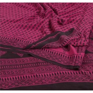 Sanskriti Vintage Pink Saree Pure Crepe Silk Printed Sari Craft 5yd Soft Fabric