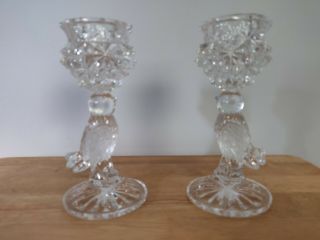 Vintage 2 Hofbauer Crystal Candle Holders W Etched Frosted Winged Bird Stems 7 "