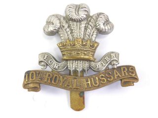 Vintage White Metal Brass British Military Cap Badge 10th Royal Hussars Regiment