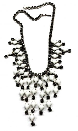 Vintage Milk Glass And Black Glass Mid Century Chandelier Necklace