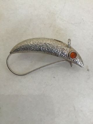 Vintage Sterling Silver Fish And Hook Brooch Pin With Orange Stone Eye 4.  0 Grams