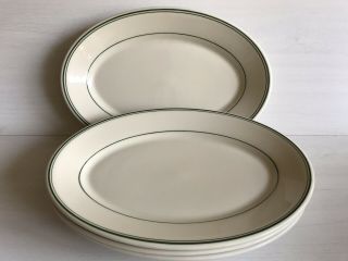 Homer Laughlin Set Of 4 Green Stripe Oval Restaurant Plates 13 3/8 " Vintage