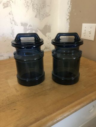 Vintage L.  E.  Smith 9” Blue Glass Milk Can Canister Storage Jars Set Of 2