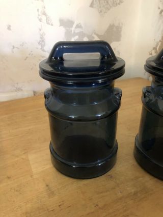 Vintage L.  E.  Smith 9” Blue Glass Milk Can Canister Storage Jars Set Of 2 2