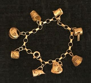Vintage Gold Plated Filigree Charm Bracelet Whistle Bucket Love Heart