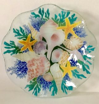 Vintage Retired Peggy Karr Fused Art Glass Seashells Sea Shell Lrg Serving Bowl