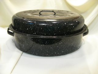 Vintage Black Granite/porcelain/enamel Ware Large Roasting Pan W/lid Very Good