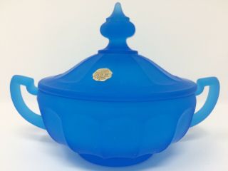 Vintage Westmoreland Deep Blue Satin Frosted Glass Candy Dish Compote Lid Handle