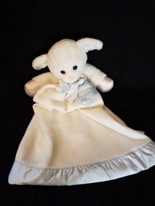 Vintage Dakin White Lamb Lovey Baby Security Toy Blanket Blue Satin Trim 23 "