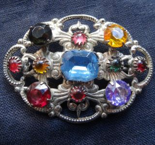 Vintage Art Deco Multi Colour Rhinestone Glass Flower Brooch C Pin C150