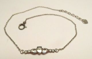 Vintage Claddagh Ireland Celtic Chain Bracelet Anklet Sterling Silver 925 9.  75 "