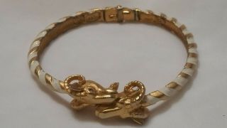 Vintage Designer Hattie Carnegie Gold Tone White Enamel Rams Fashion Bracelet