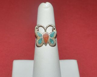 Vintage Sterling Silver Turquoise And Coral Butterfly Ring Size 5.  5